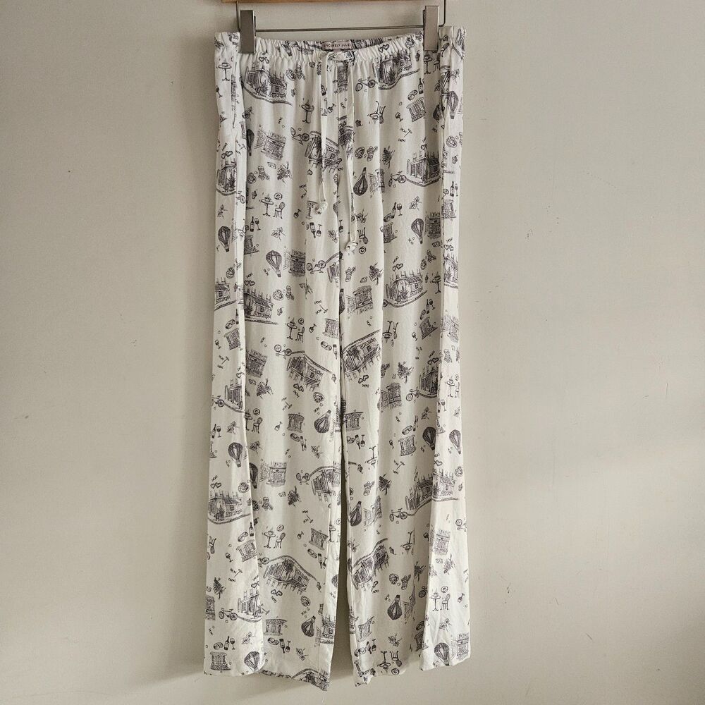 Sincerely Jules Printed Pants Large Ivory Wide Leg Linen Blend Boho Novelty